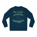 Eco-friendly campfire sweatshirt in navy blue with life is better around the campfire design