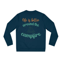 Eco-friendly campfire sweatshirt in navy blue with life is better around the campfire design