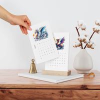 Printify eco-friendly 2025 desk calendar with dragon artwork and wooden stand on wooden table