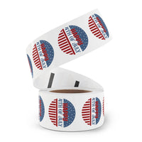 Roll of Printify eco-friendly 4th of July stickers with American flag design and Happy 4th of July text