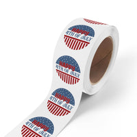 Roll of Printify eco-friendly 4th of July stickers with patriotic red white and blue design
