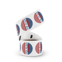 Roll of eco-friendly 4th of July stickers with red white and blue patriotic design by Printify
