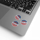 Round eco-friendly 4th of July stickers with American flag design on silver laptop surface