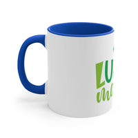 Printify eco-friendly accent mug with blue handle and interior and green text design on white