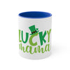 Printify eco-friendly accent mug with Lucky Mama green text and a green leprechaun hat design