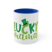 Printify eco-friendly accent mug with Lucky Mama green text and a green leprechaun hat design
