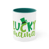 Printify eco-friendly accent mug with Lucky Mama green text and decorative leprechaun hat design