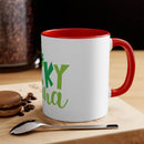 Printify eco-friendly accent mug with red handle and interior on wooden table with spoon and macaron