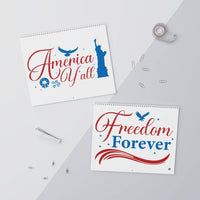 Printify eco-friendly American wall calendar 2025 with patriotic red and blue designs on white background