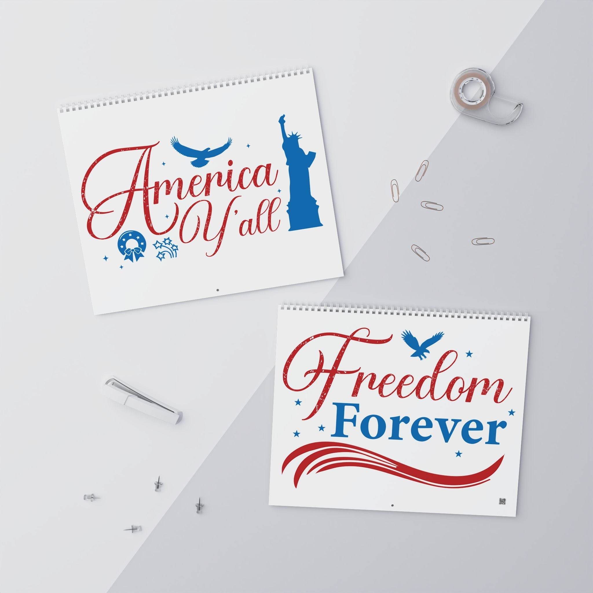 Printify eco-friendly American wall calendar 2025 with patriotic red and blue designs on white background