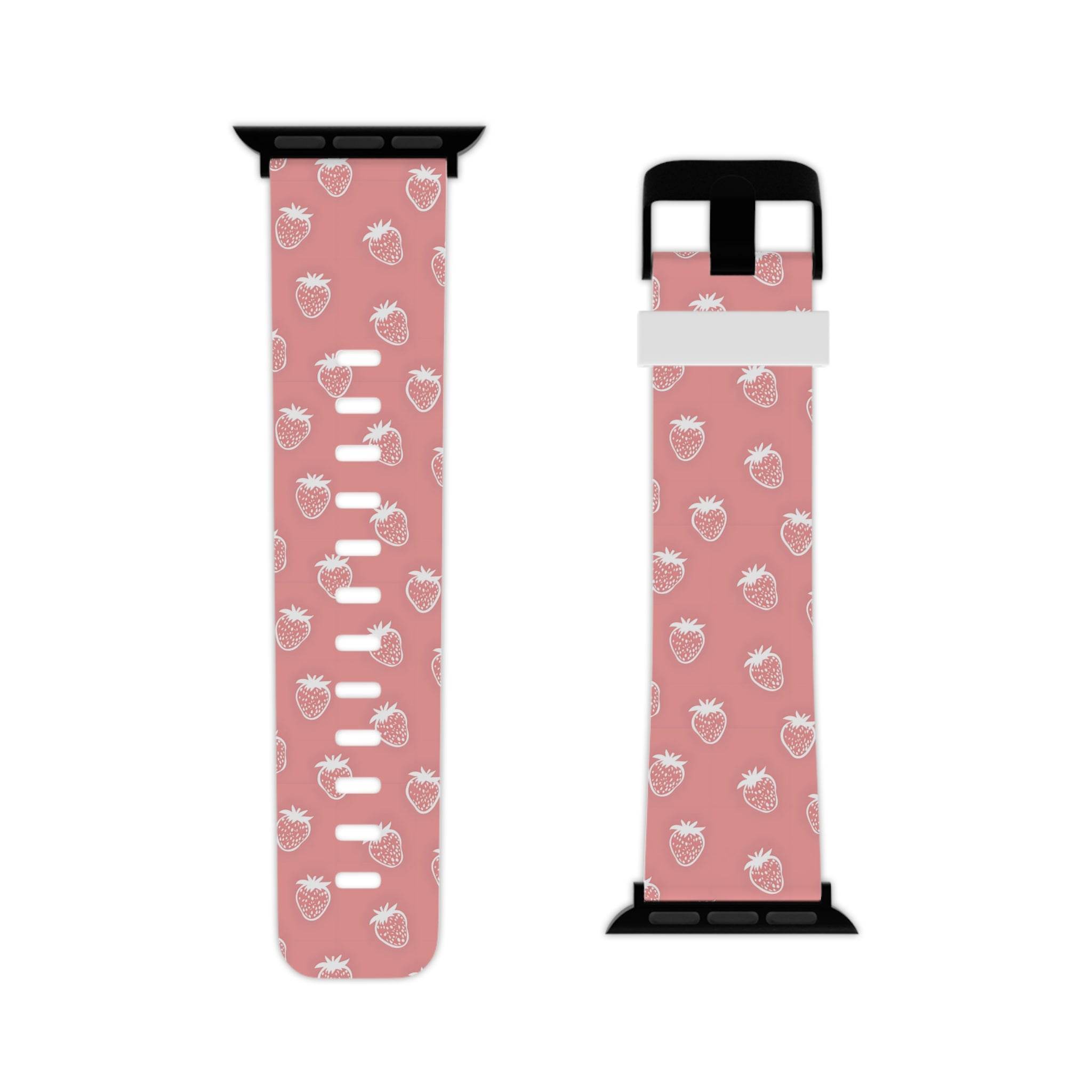 Printify eco-friendly Apple Watch band in pink with white strawberry pattern and black buckle