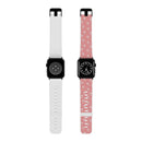 Printify eco-friendly Apple Watch band in pink with white pattern and white band with black buckle