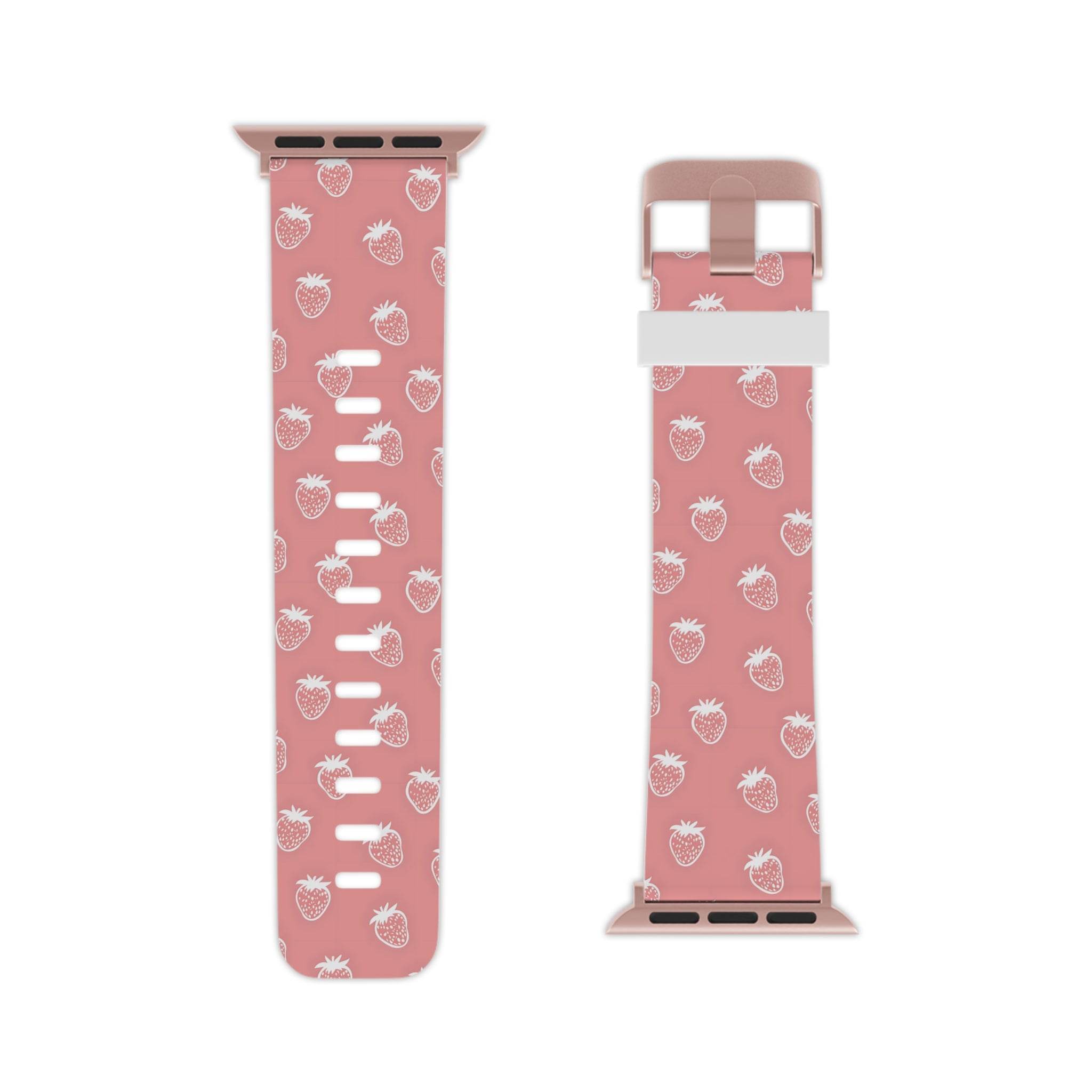 Printify eco-friendly Apple Watch band in pink with white strawberry pattern and adjustable buckle