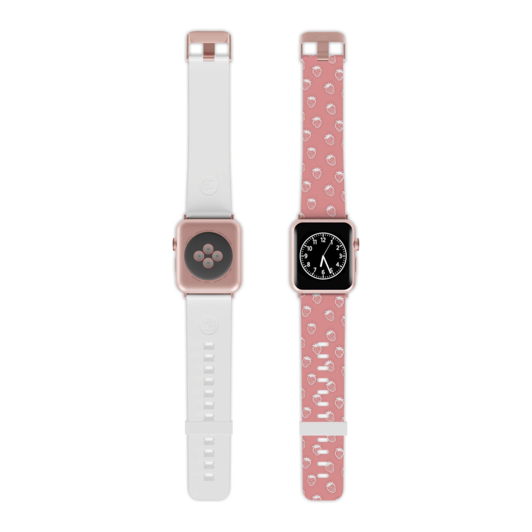 Printify eco-friendly Apple Watch band in pink with white pattern and rose gold Apple Watch
