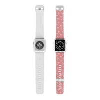 Printify eco-friendly Apple Watch band in pink with white pattern and a white watch face
