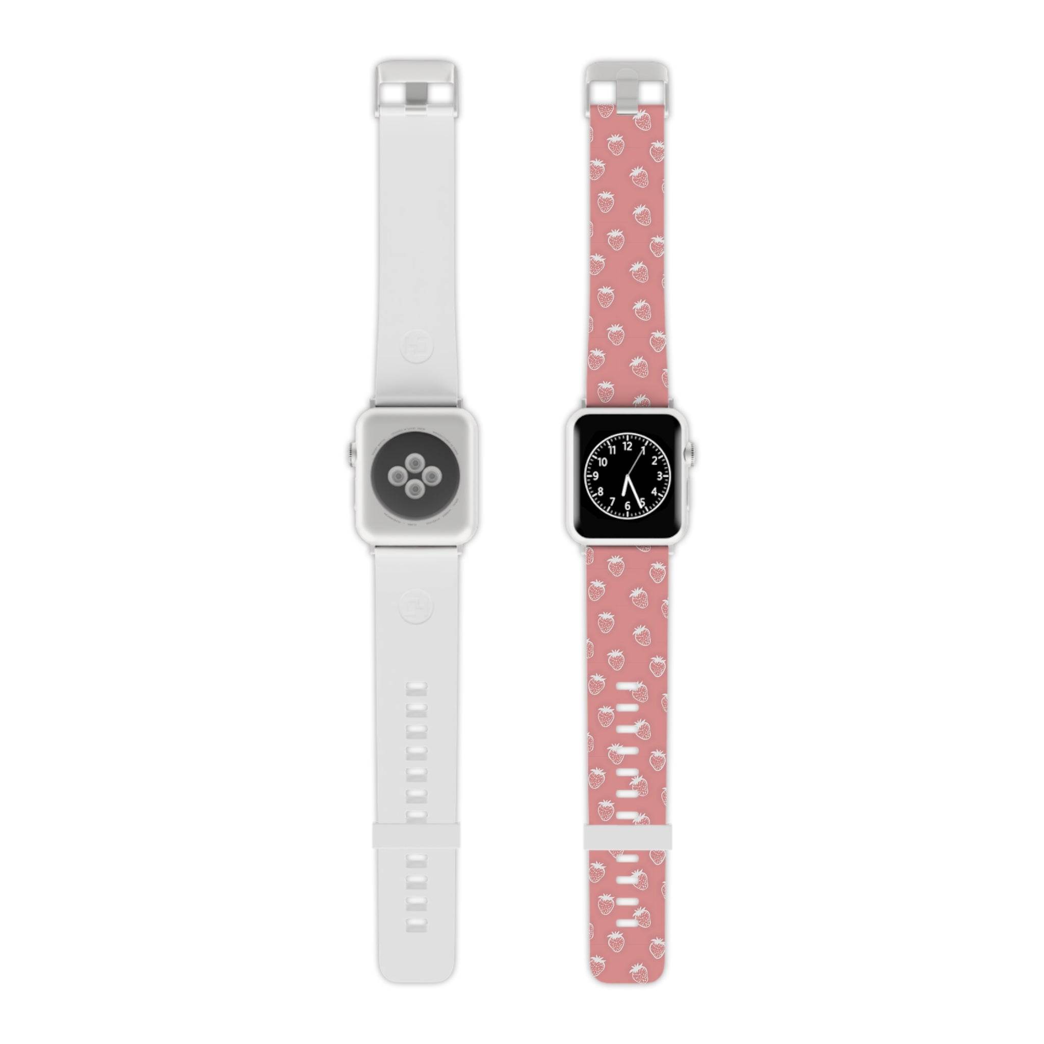 Printify eco-friendly Apple Watch band in pink with white pattern and a white watch face