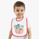 Printify eco-friendly baby bib with red trim featuring a cute elephant sailor design worn by toddler