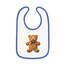 Printify eco-friendly baby bib with blue trim and teddy bear cookie design on white background