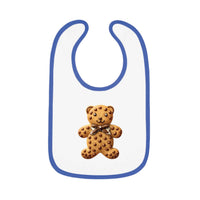 Printify eco-friendly baby bib with blue trim and teddy bear cookie design on white background