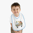 Printify eco-friendly baby bib with blue trim and cute safari animal design worn by smiling toddler