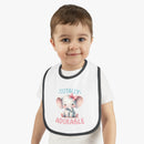 Eco-friendly baby bib with cute elephant design worn by smiling toddler from Printify