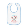 Printify eco-friendly baby bib with blue trim featuring a cute elephant and totally adorable design