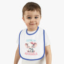Printify eco-friendly baby bib with blue trim featuring a cute elephant and totally adorable text