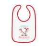 Printify eco-friendly baby bib with red trim featuring a cute elephant and Totally Adorable text