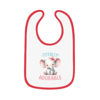 Printify eco-friendly baby bib with red trim featuring a cute elephant and Totally Adorable text