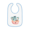 Printify eco-friendly baby bib with blue trim featuring a cute elephant sailor in a boat design