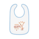 Printify eco-friendly baby bib with blue trim and cute giraffe design saying You bet giraffe I'm cute