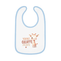 Printify eco-friendly baby bib with blue trim and cute giraffe design saying You bet giraffe I'm cute
