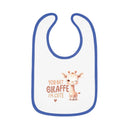 Printify eco-friendly baby bib with blue trim and cute giraffe design saying You Bet Giraffe I'm Cute