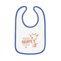 Printify eco-friendly baby bib with blue trim and cute giraffe design saying You Bet Giraffe I'm Cute