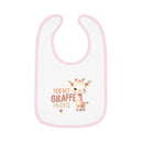 Printify eco-friendly baby bib with pink trim featuring a cute giraffe and text You Bet Giraffe I'm Cute
