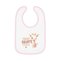 Printify eco-friendly baby bib with pink trim featuring a cute giraffe and text You Bet Giraffe I'm Cute