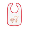 Printify eco-friendly baby bib with red trim and cute giraffe design with text You Bet Giraffe I'm Cute