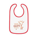 Printify eco-friendly baby bib with red trim and cute giraffe design with text You Bet Giraffe I'm Cute