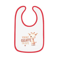 Printify eco-friendly baby bib with red trim and cute giraffe design with text You Bet Giraffe I'm Cute
