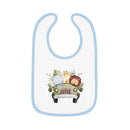 Printify eco-friendly baby bib with blue trim featuring cute animal safari design on white background