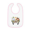 Printify eco-friendly baby bib with pink trim featuring cute safari animals in a green jeep