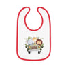 Printify eco-friendly baby bib with red trim featuring cute safari animal design in a green jeep