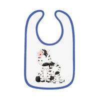 Printify eco-friendly baby bib with blue trim featuring cute zebra family illustration