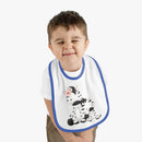 Toddler wearing Printify eco-friendly baby bib with cute zebra design and blue trim