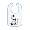 Printify eco-friendly baby bib with blue trim featuring cute zebra mother and baby design