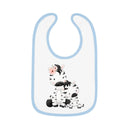 Printify eco-friendly baby bib with blue trim featuring cute zebra mother and baby design