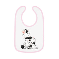 Printify eco-friendly baby bib with pink trim featuring cute zebra mother and baby design