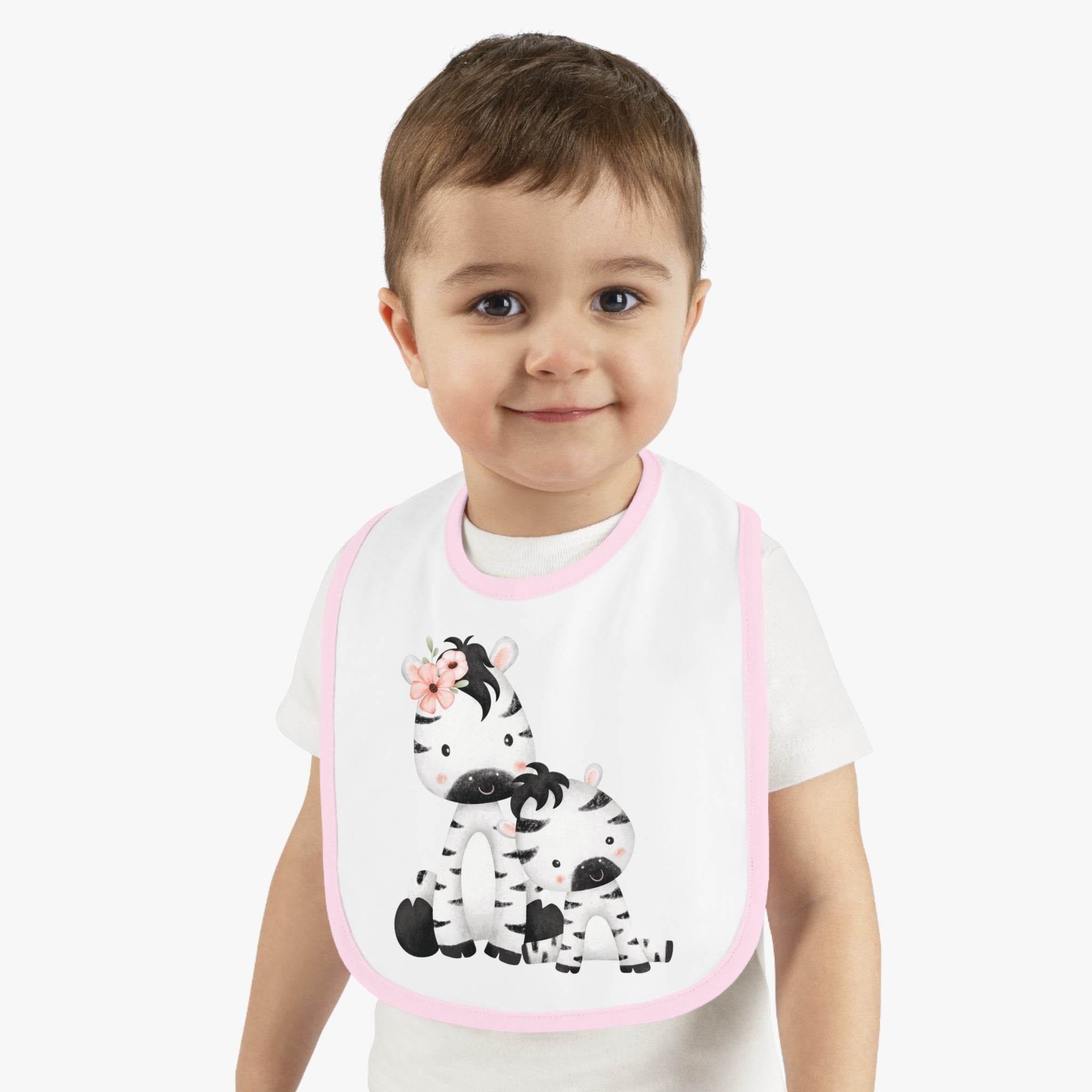 Printify eco-friendly baby bib with pink trim featuring cute zebra design worn by toddler