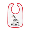 Printify eco-friendly baby bib with red trim featuring two cute cartoon zebras with a flower