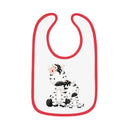 Printify eco-friendly baby bib with red trim featuring two cute cartoon zebras with a flower